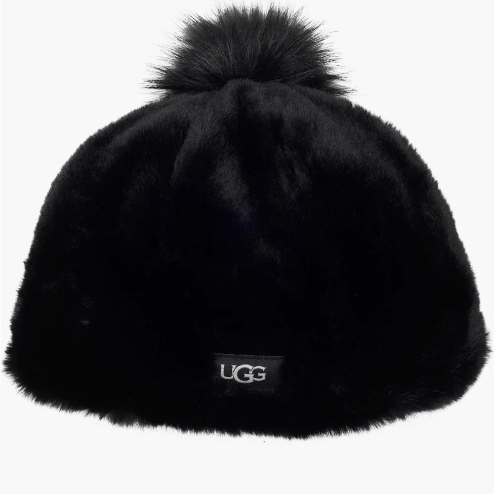 UGG Faux Fur Black Kids' Beanie with Pom Pom - size 4-6 years - Picture 1 of 3